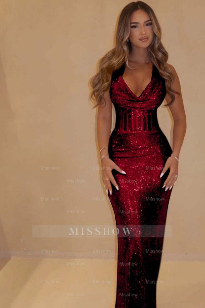 Pink Sequin Halter V-Neck Sleeveless Mermaid Corset Floor Length Formal Evening Gown