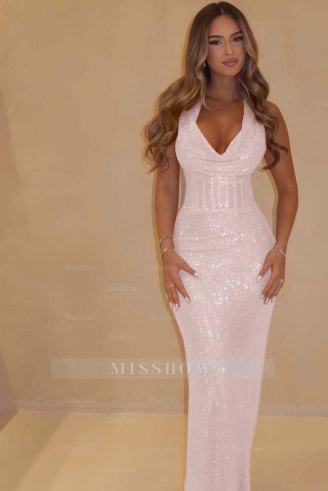 Pink Sequin Halter V-Neck Sleeveless Mermaid Corset Floor Length Formal Evening Gown