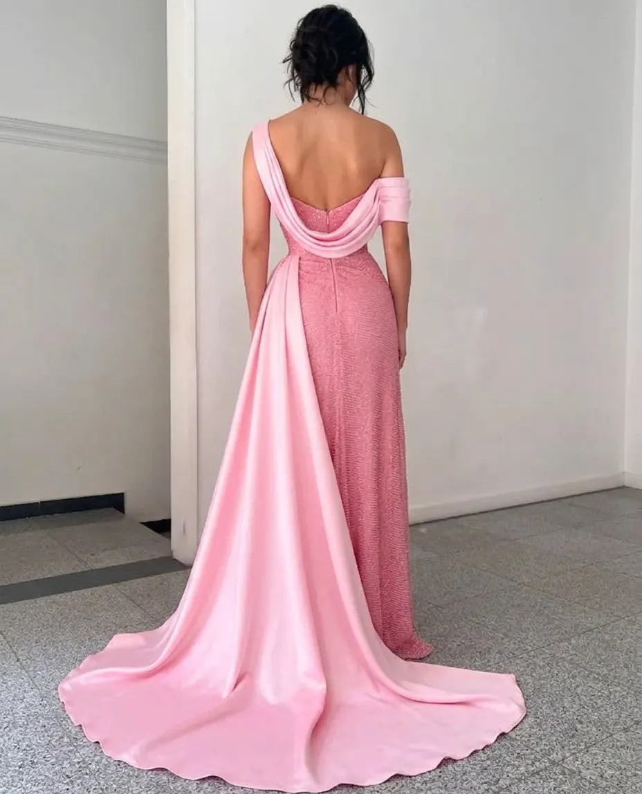 Pink Sequin Mermaid Formal Dress Asymmetric Neck Corset Bodice High Slit with Drape Sweep Train