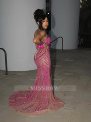 Pink Sequin Mermaid Prom Dress Spaghetti Straps Sparkly Beaded Evening Gown with Sweep Train