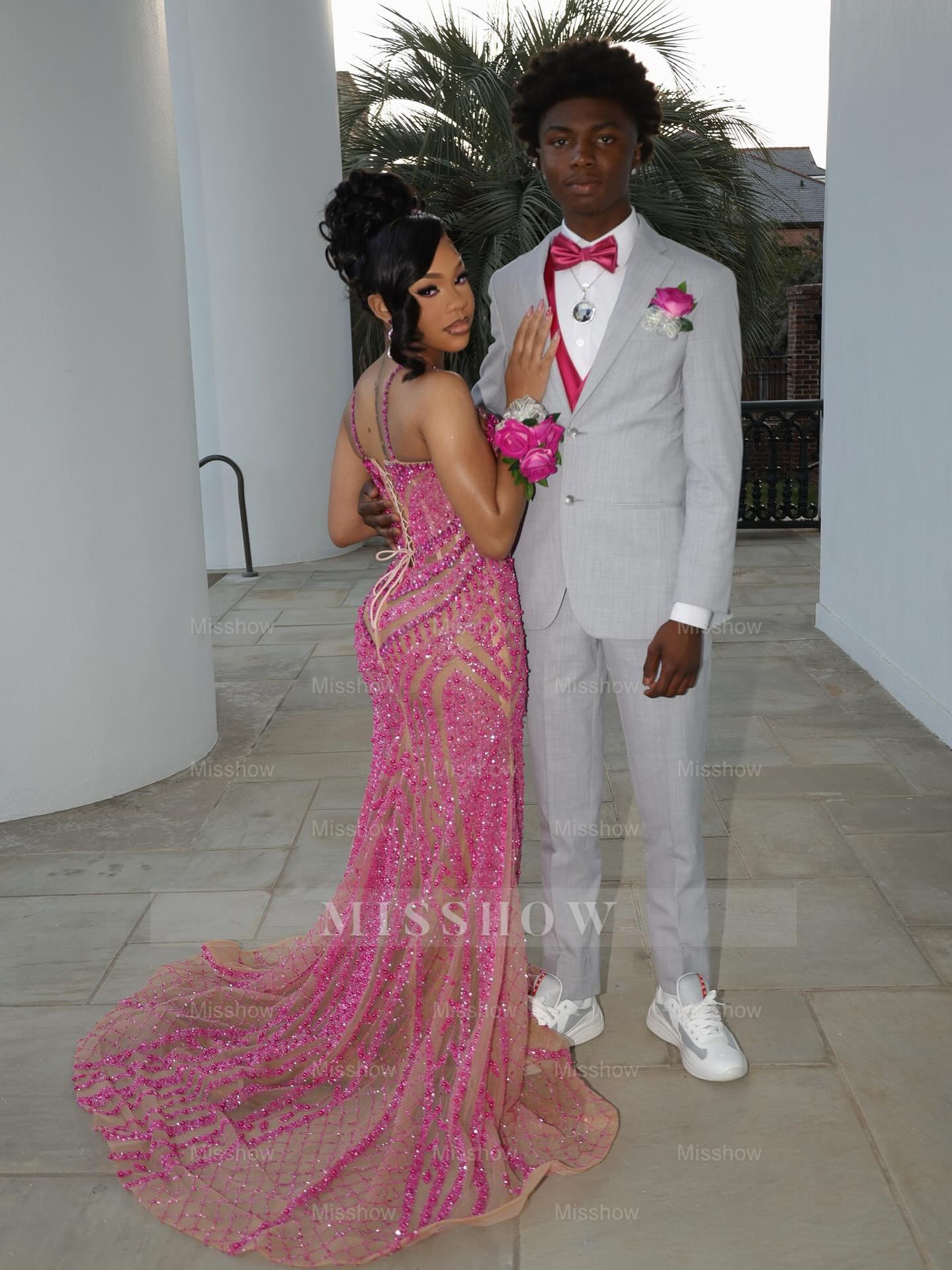 Pink Sequin Mermaid Prom Dress Spaghetti Straps Sparkly Beaded Evening Gown with Sweep Train