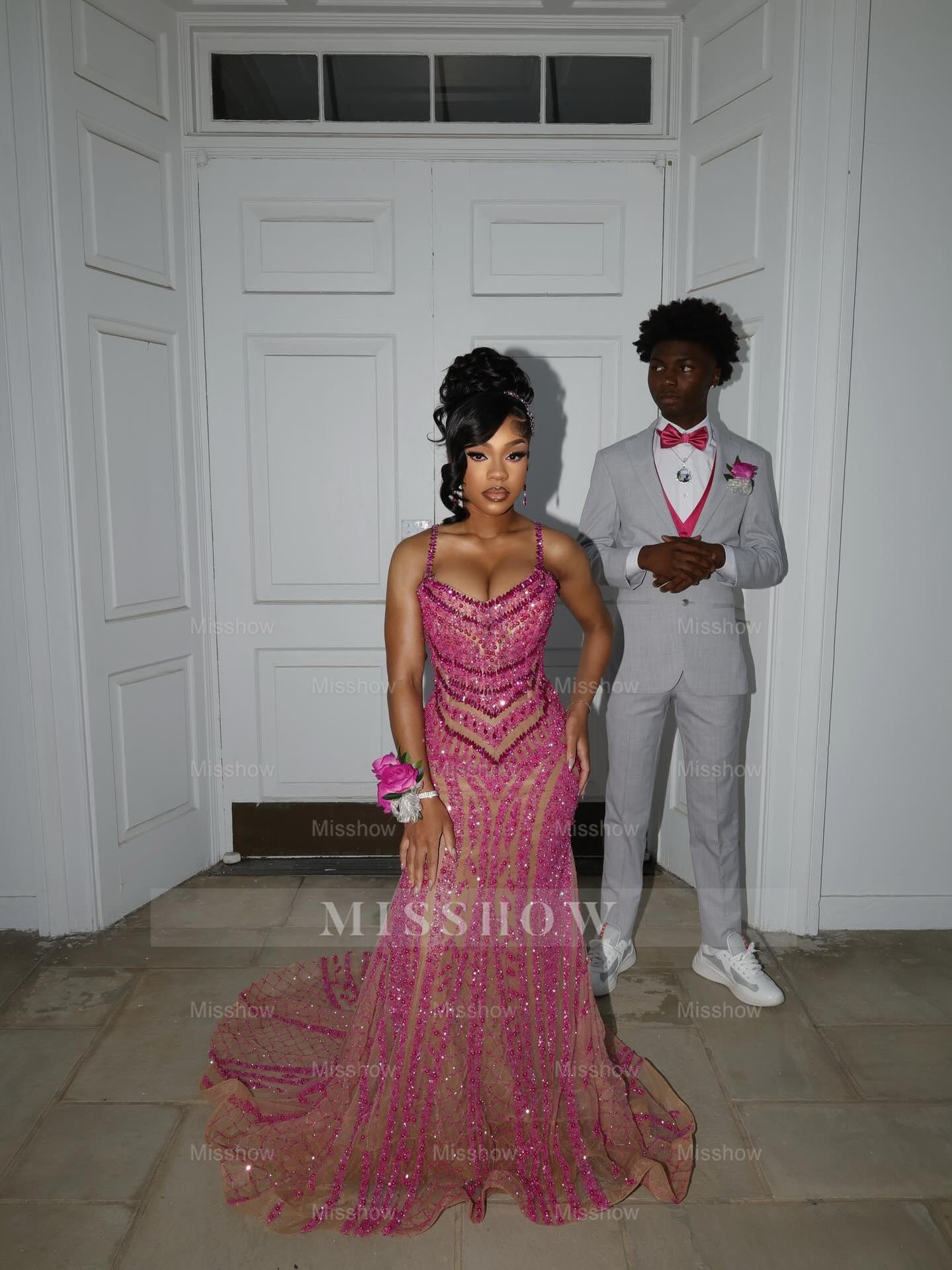 Pink Sequin Mermaid Prom Dress Spaghetti Straps Sparkly Beaded Evening Gown with Sweep Train