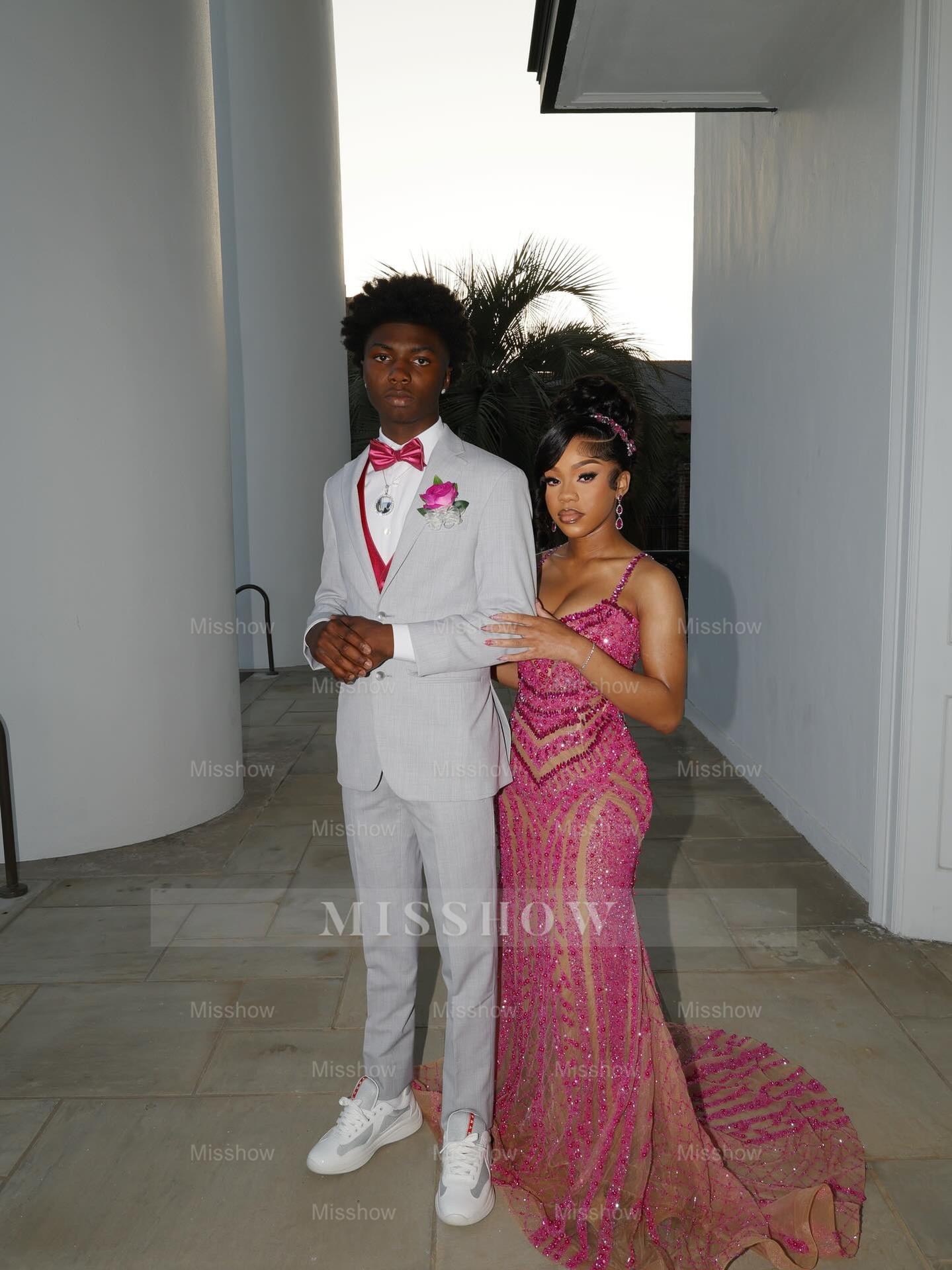 Pink Sequin Mermaid Prom Dress Spaghetti Straps Sparkly Beaded Evening Gown with Sweep Train