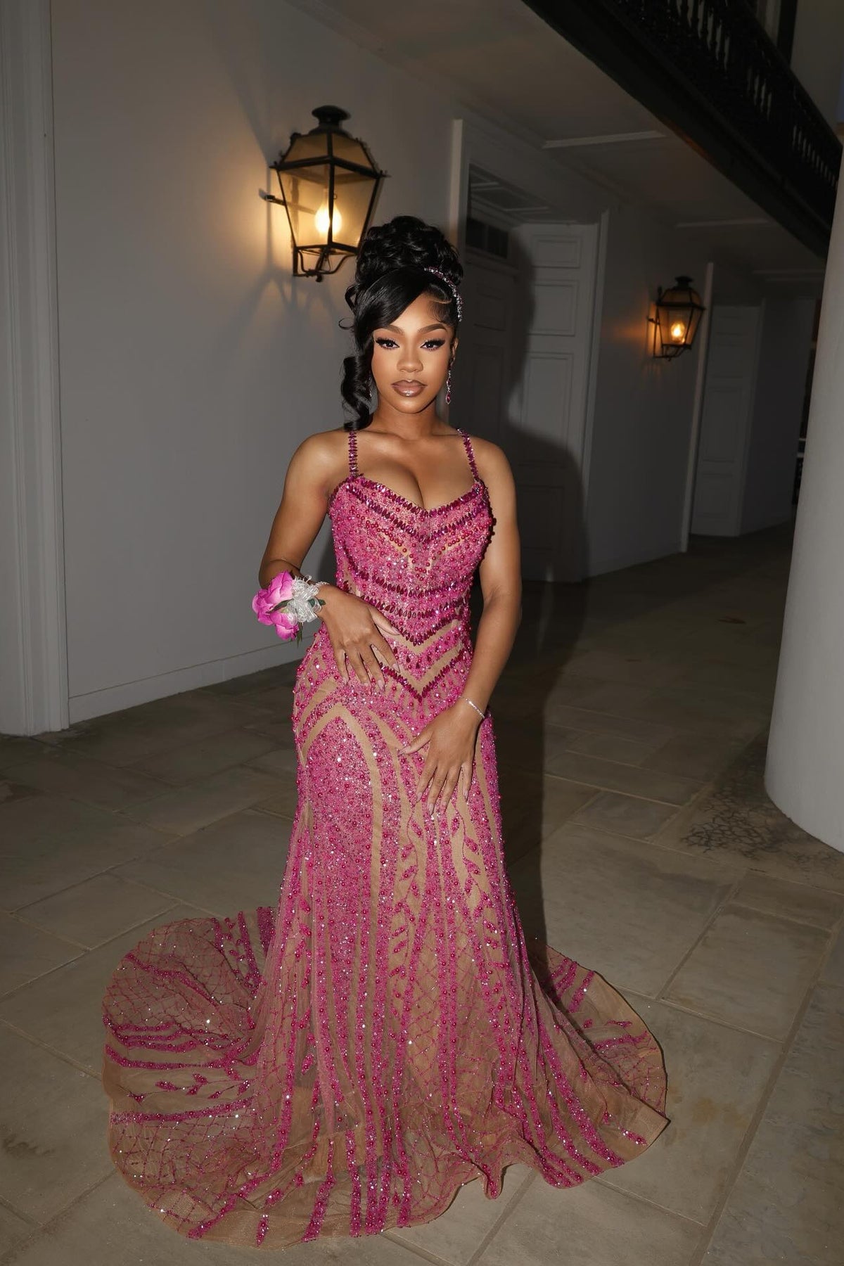 Pink Sequin Mermaid Prom Dress Spaghetti Straps Sparkly Beaded Evening Gown with Sweep Train