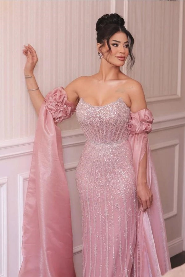 Pink Sequined Scoop Strapless Chiffon Mermaid Formal Dress with Flowers