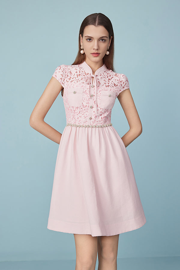 Pink Short A-line Lace Cap Sleeves Dress with Belt