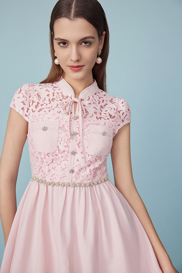 Pink Short A-line Lace Cap Sleeves Dress with Belt