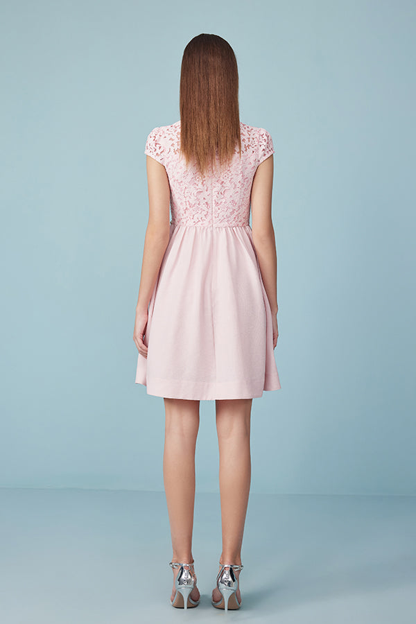 Pink Short A-line Lace Cap Sleeves Dress with Belt