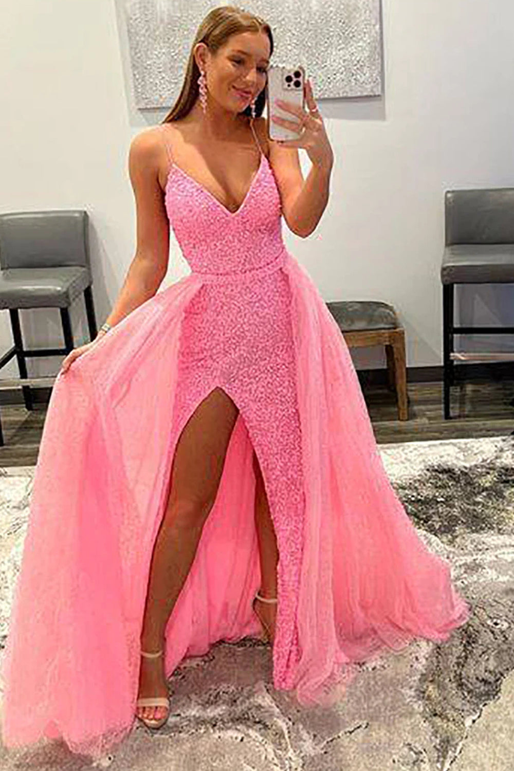 Pink Sparkly Prom Dress with Detachable Sequined Train and Slit