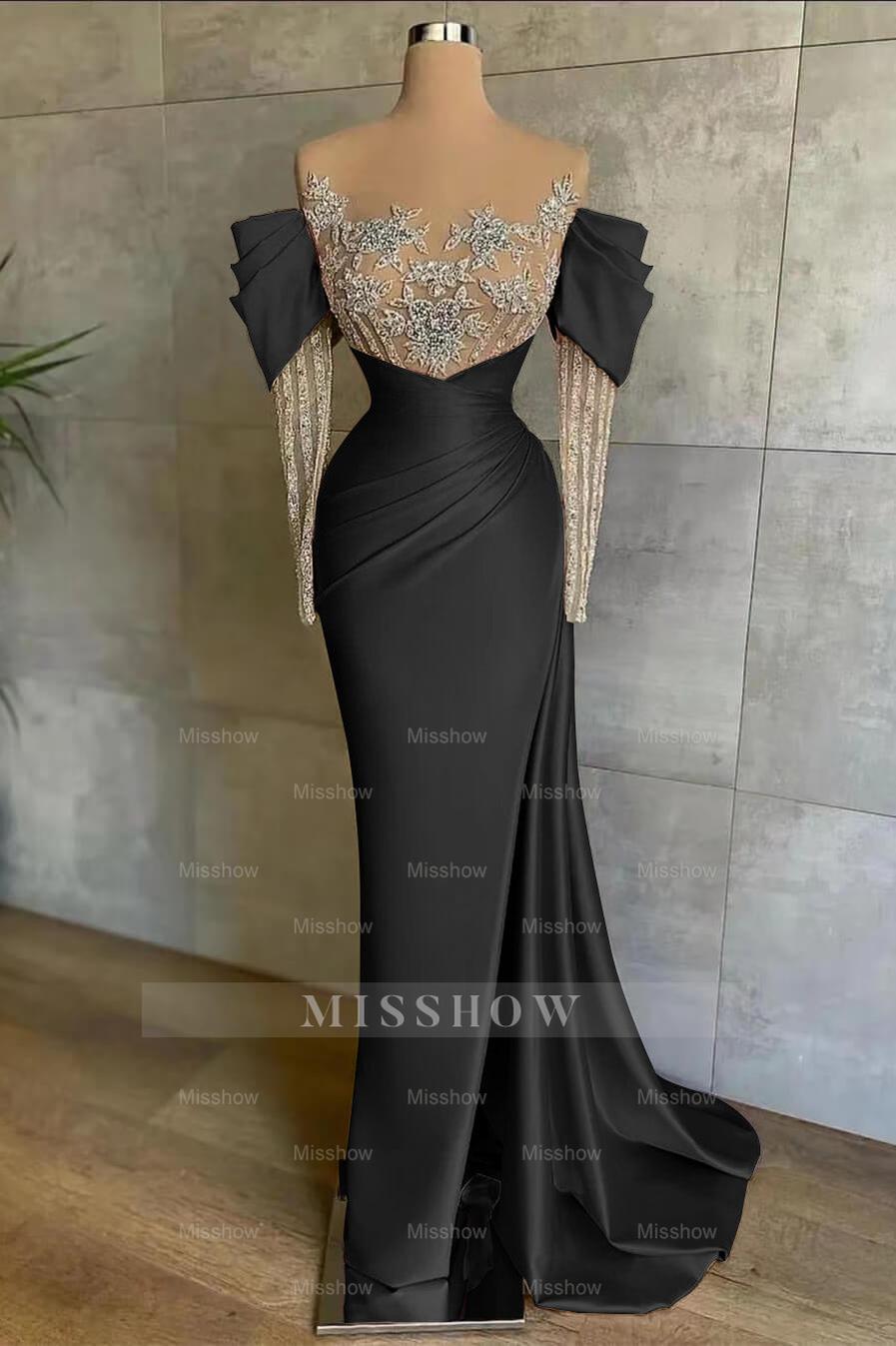 Pink Split Mermaid Long Sleeves Formal Dress Beadings With Appliques Off the Shoulder
