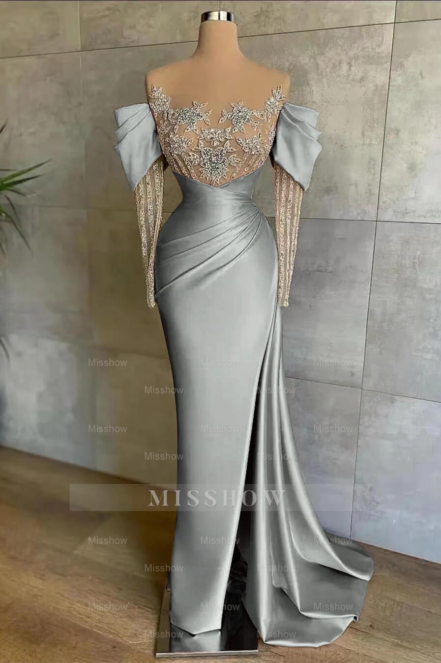 Pink Split Mermaid Long Sleeves Formal Dress Beadings With Appliques Off the Shoulder