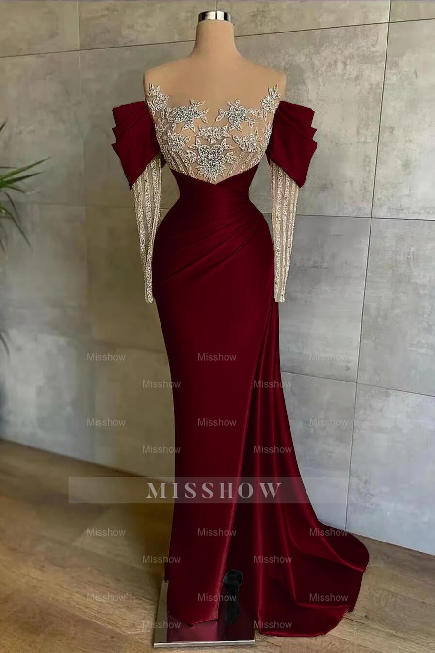 Pink Split Mermaid Long Sleeves Formal Dress Beadings With Appliques Off the Shoulder