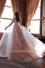 Pink Square Long Sleeve A-Line Lace Applique Formal Evening Dress with Court Train
