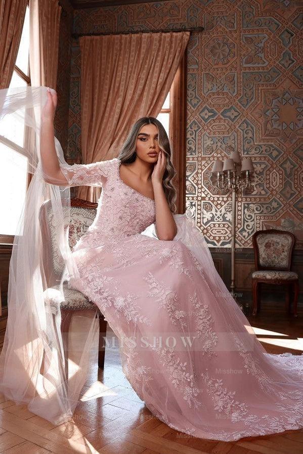 Pink Square Long Sleeve A-Line Lace Applique Formal Evening Dress with Court Train