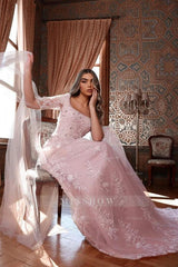 Pink Square Long Sleeve A-Line Lace Applique Formal Evening Dress with Court Train