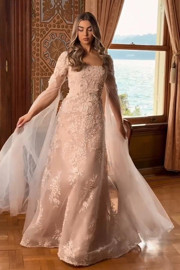 Pink Square Long Sleeve A-Line Lace Applique Formal Evening Dress with Court Train