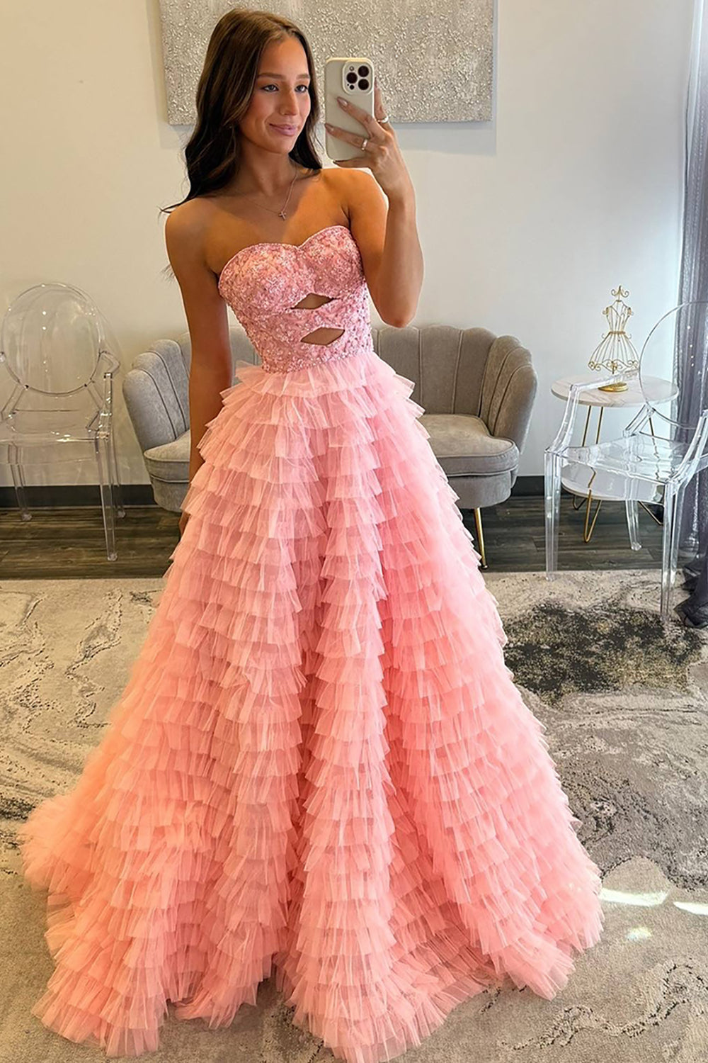 Pink strapless ruffled ball gown prom dress