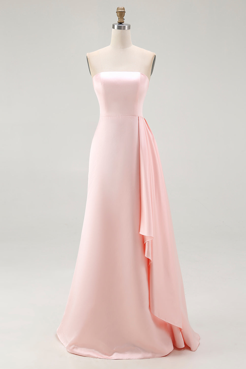 Pink strapless ruffled column prom dress