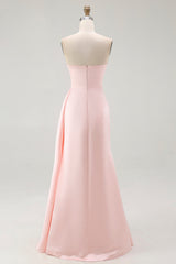 Pink strapless ruffled column prom dress