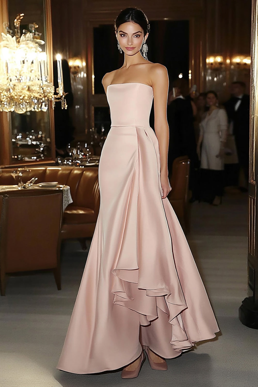 Pink strapless ruffled column prom dress