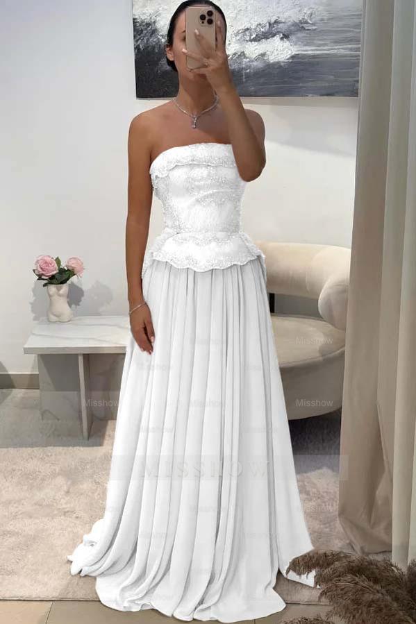 Pink Strapless Sleeveless A-Line Pleated Chiffon Beaded Floor Length Evening Dress