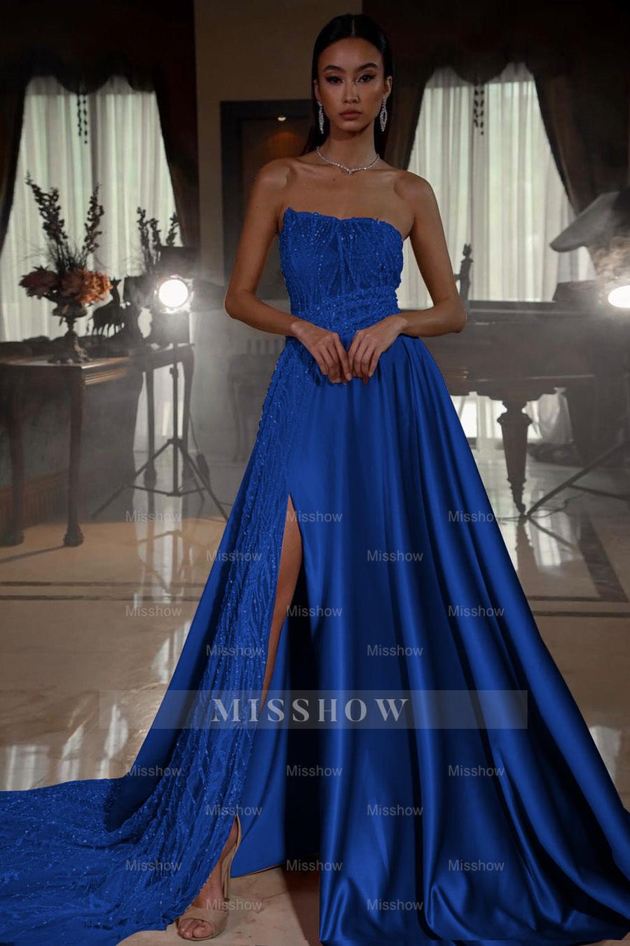 Pink Strapless Sleeveless A-Line Satin Sequined Beaded Front Slit Floor Formal Dress
