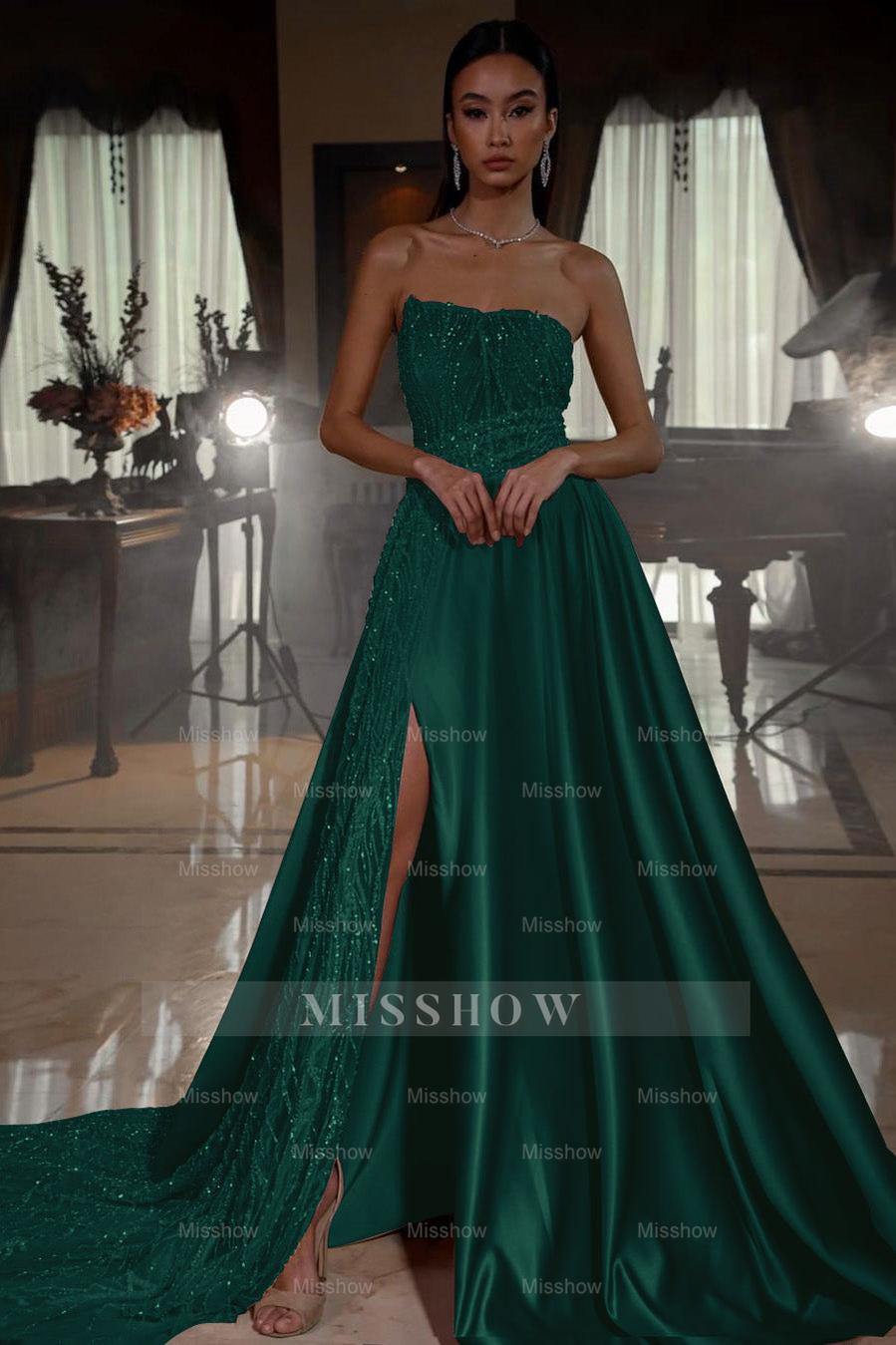 Pink Strapless Sleeveless A-Line Satin Sequined Beaded Front Slit Floor Formal Dress