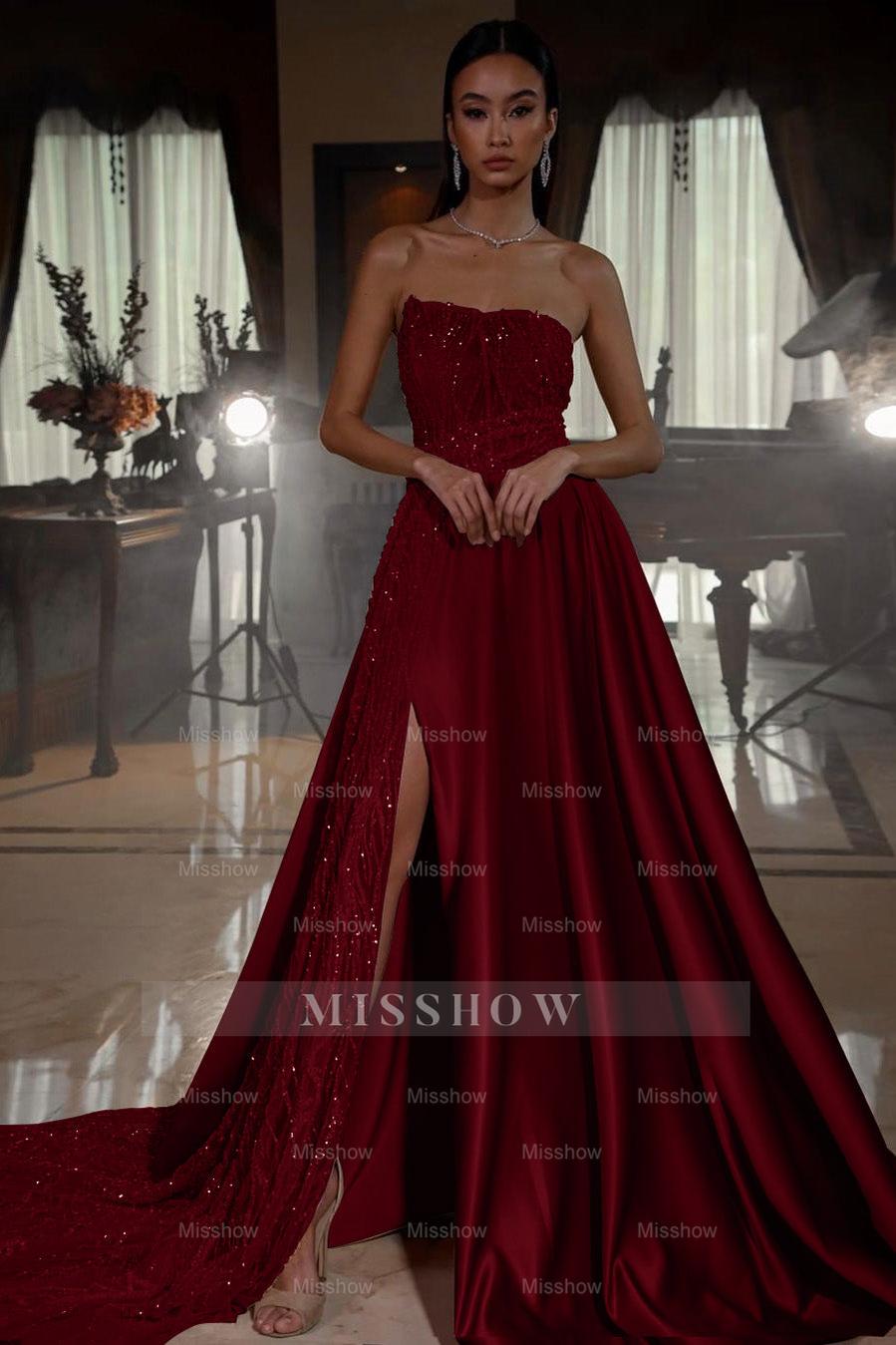 Pink Strapless Sleeveless A-Line Satin Sequined Beaded Front Slit Floor Formal Dress