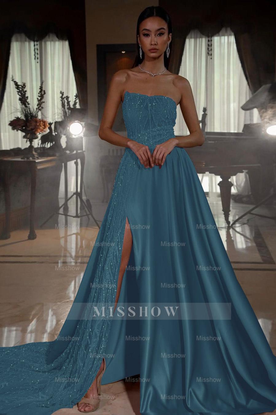 Pink Strapless Sleeveless A-Line Satin Sequined Beaded Front Slit Floor Formal Dress
