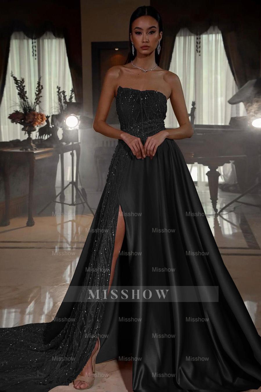 Pink Strapless Sleeveless A-Line Satin Sequined Beaded Front Slit Floor Formal Dress