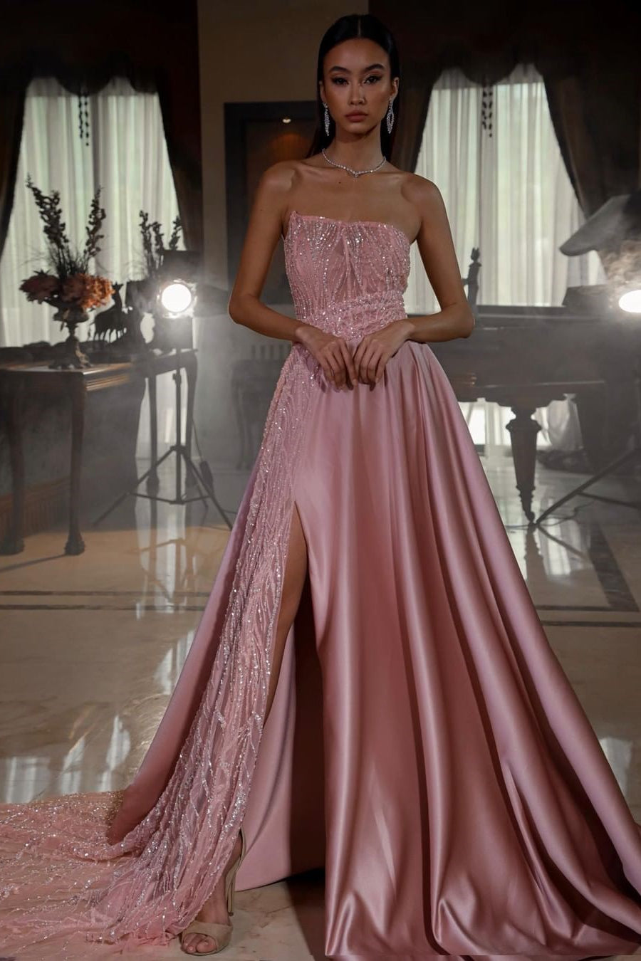 Pink Strapless Sleeveless A-Line Satin Sequined Beaded Front Slit Floor Formal Dress