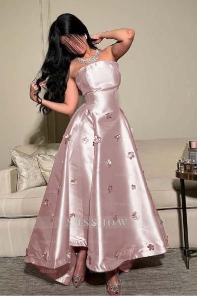 Pink Strapless Sleeveless A-line Satin Applique Rhinestone Floor Formal Evening Gown
