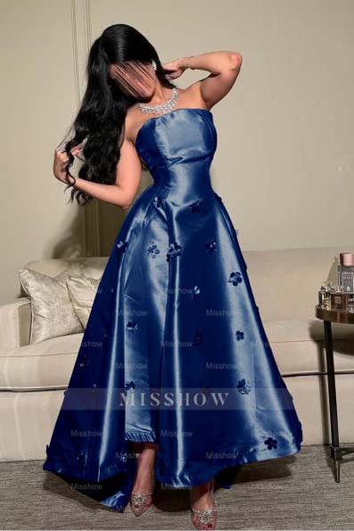 Pink Strapless Sleeveless A-line Satin Applique Rhinestone Floor Formal Evening Gown