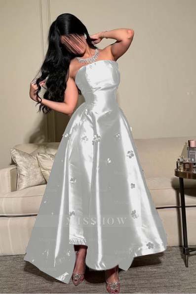 Pink Strapless Sleeveless A-line Satin Applique Rhinestone Floor Formal Evening Gown
