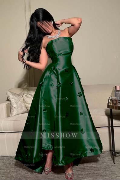 Pink Strapless Sleeveless A-line Satin Applique Rhinestone Floor Formal Evening Gown