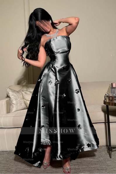 Pink Strapless Sleeveless A-line Satin Applique Rhinestone Floor Formal Evening Gown