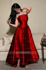 Pink Strapless Sleeveless A-line Satin Applique Rhinestone Floor Formal Evening Gown