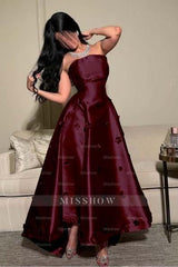Pink Strapless Sleeveless A-line Satin Applique Rhinestone Floor Formal Evening Gown