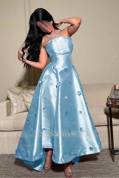 Pink Strapless Sleeveless A-line Satin Applique Rhinestone Floor Formal Evening Gown