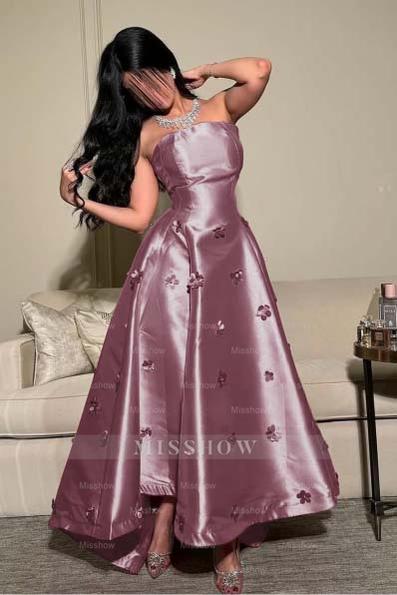 Pink Strapless Sleeveless A-line Satin Applique Rhinestone Floor Formal Evening Gown