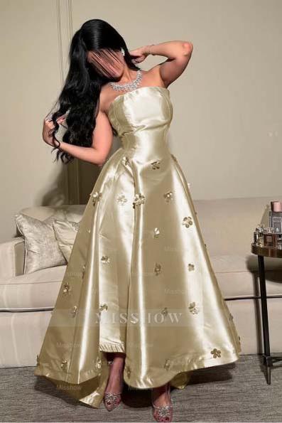 Pink Strapless Sleeveless A-line Satin Applique Rhinestone Floor Formal Evening Gown