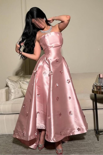Pink Strapless Sleeveless A-line Satin Applique Rhinestone Floor Formal Evening Gown