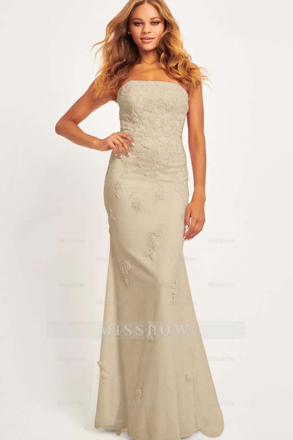 Pink Strapless Sleeveless Mermaid Lace Appliques Floor Length Formal Evening Dress