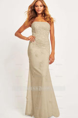 Pink Strapless Sleeveless Mermaid Lace Appliques Floor Length Formal Evening Dress