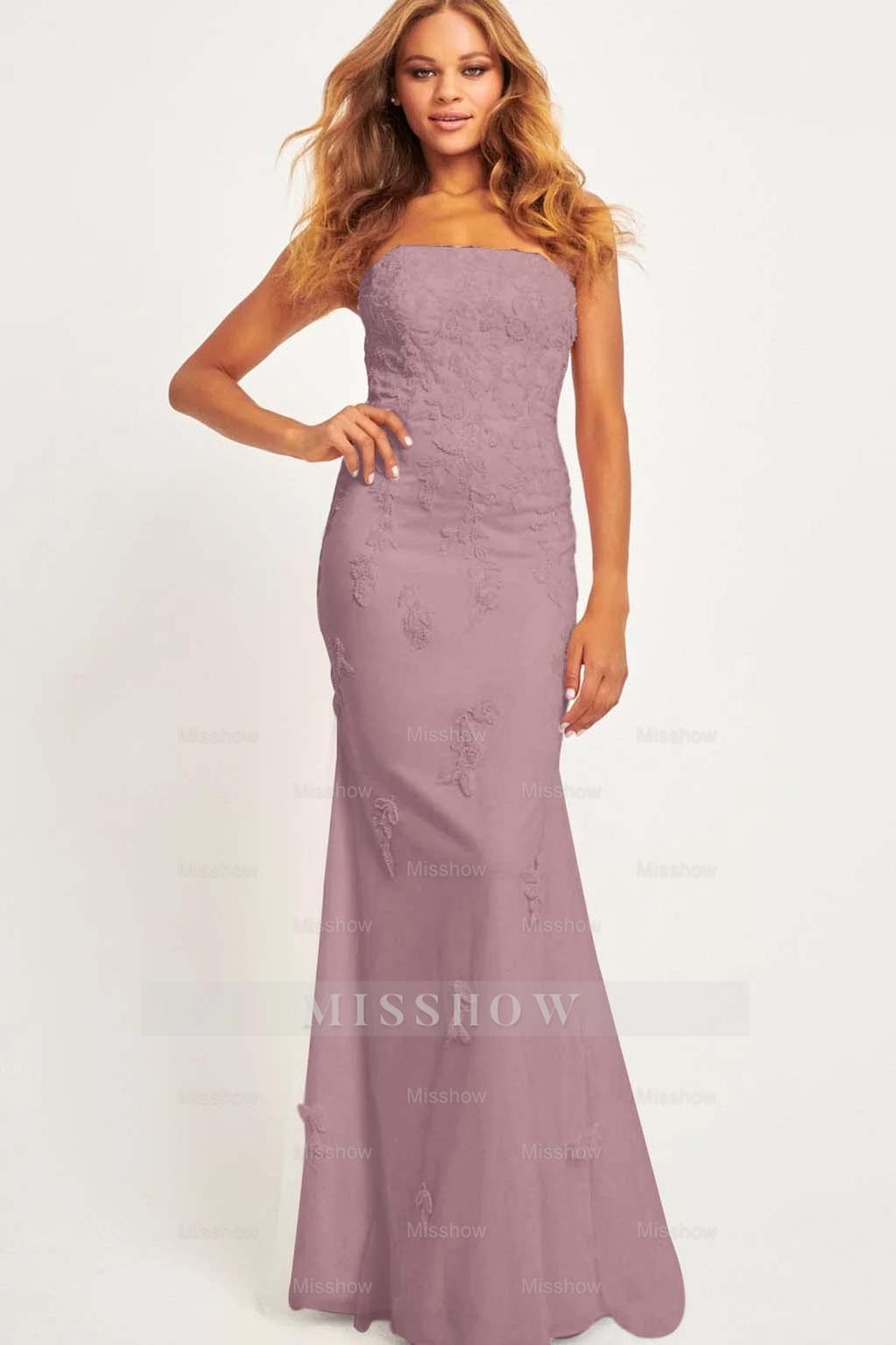 Pink Strapless Sleeveless Mermaid Lace Appliques Floor Length Formal Evening Dress