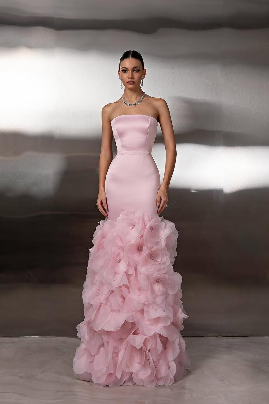 Pink Strapless Sleeveless Mermaid Satin 3D Floral Appliques Floor Formal Evening Gown