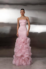 Pink Strapless Sleeveless Mermaid Satin 3D Floral Appliques Floor Formal Evening Gown