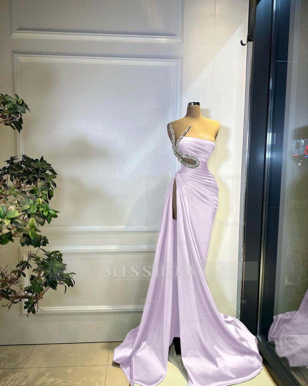 Pink Strapless Sleeveless Mermaid Satin Beaded Floor Length Formal Evening Dress
