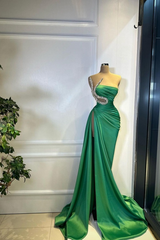 Pink Strapless Sleeveless Mermaid Satin Beaded Floor Length Formal Evening Dress
