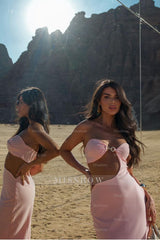 Pink Strapless Sleeveless Mermaid Split Long Formal Dress With Pleated